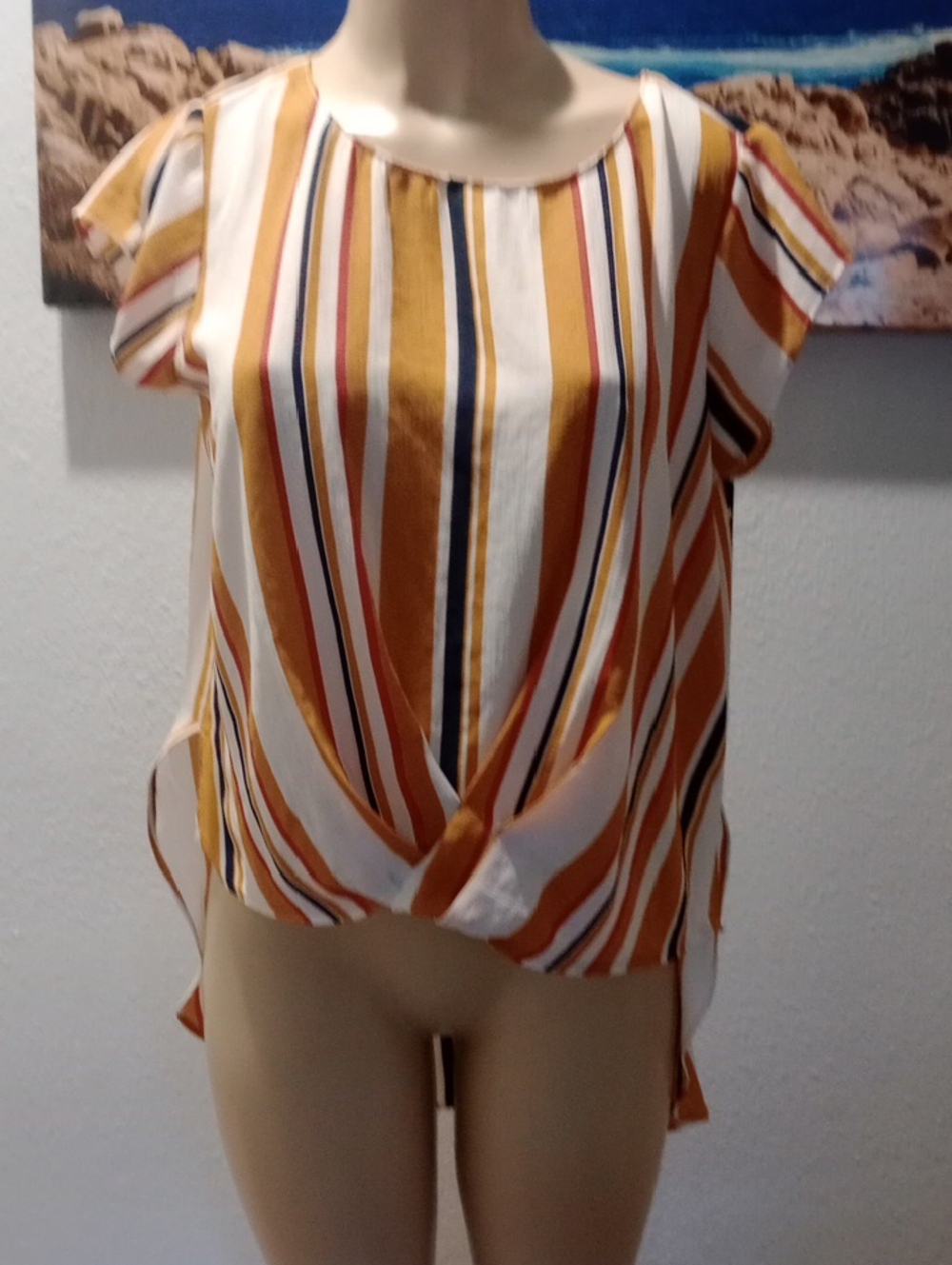 Alythea Striped Twist-Front Blouse in Mustard, White & Navy